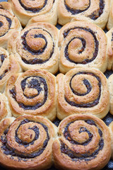 Fototapeta premium A closeup of golden brown cinnamon rolls with raisins in a pan fresh from the oven