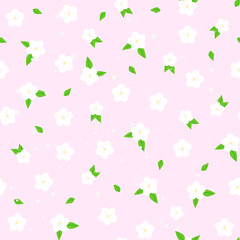 White flowers of cherry, apple tree seamless pattern. Elegant spring background with white flowers. Flat style.