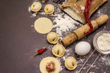 Composition with raw dumplings and ingredients on trendy black stone concrete background. Process of cooking