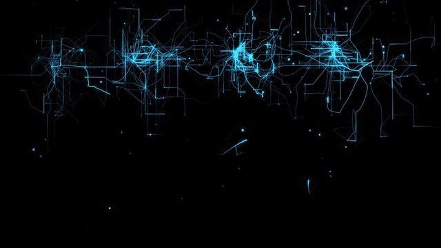 Blue glowing green colored futuristic technology grid growing design over black. Full Hd animated background.
