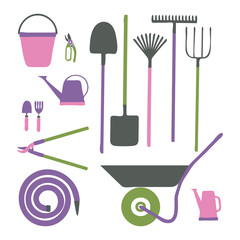 Set of various gardening items. Garden tools. Illustration of items for gardening in cartoon style. Vector illustration.