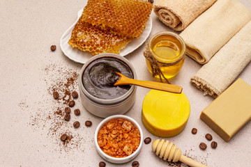 Spa concept. Self care with honey, coffee and turmeric. Natural organic cosmetics, homemade product, alternative lifestyle