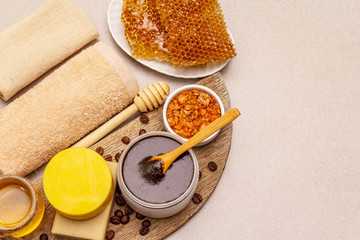 Spa concept. Self care with honey, coffee and turmeric. Natural organic cosmetics, homemade product, alternative lifestyle