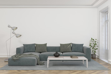 3d rendering of modern living room with grey sofa