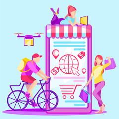 E-shop, shopping online concept with characters.Ecommerce retail on device for customer application. Discount for women smart purchasing and delivery. Flat character illustration.