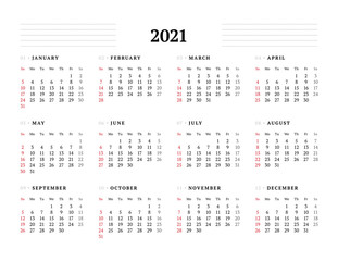 Calendar template for 2021 year. Stationery design. Week starts on Sunday.