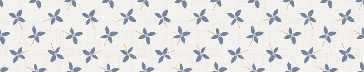  Seamless tossed floral border pattern. French blue linen shabby chic style. Hand drawn country bloom banner. Rustic woven background. Kitchen towel home decor swatch. Simple flower ribbon trim edge.