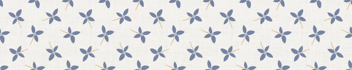 Wall murals Farmhouse style  Seamless tossed floral border pattern. French blue linen shabby chic style. Hand drawn country bloom banner. Rustic woven background. Kitchen towel home decor swatch. Simple flower ribbon trim edge.