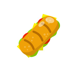 Sandwich and Long burger with meat and vegetables. Cartoon flat illustration. Ciabatta bread. Street food and fast food element