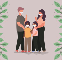 Family with masks and leaves vector design