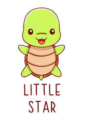 Cute kawaii hand drawn turtle doodles, lettering little star, isolated on white background
