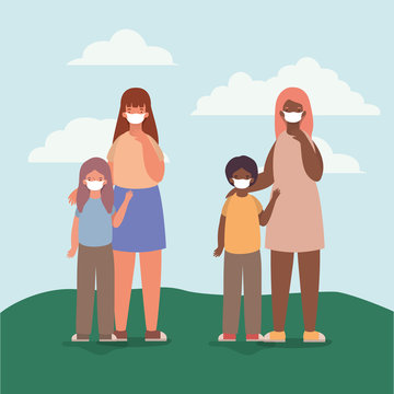 Mothers And Kids With Masks Outside Vector Design