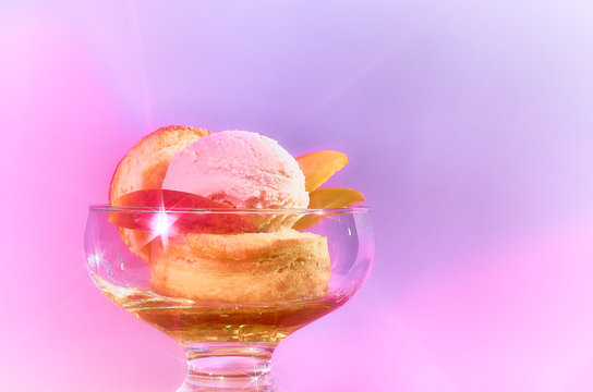 Peach Ice Cream Sundae In Glass Bowl