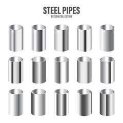 Steel pipes collection. Construction material. Polished metal texture. Silver gradient. Vector illustration.