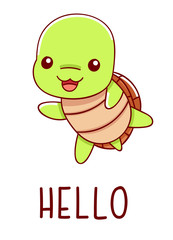 Cute kawaii hand drawn turtle doodles, lettering hello, isolated on white background