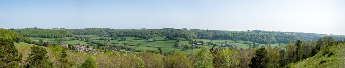 View of the Cotswold village of Uley taken from  Iron Age fort, Gloucestershire, England, United Kingdom