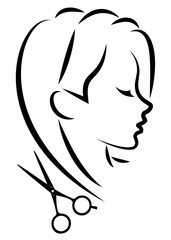 Silhouette of a cute lady. The girl shows a hairstyle on medium and short hair and scissors. Suitable for logo, hairdresser advertising. Vector illustration