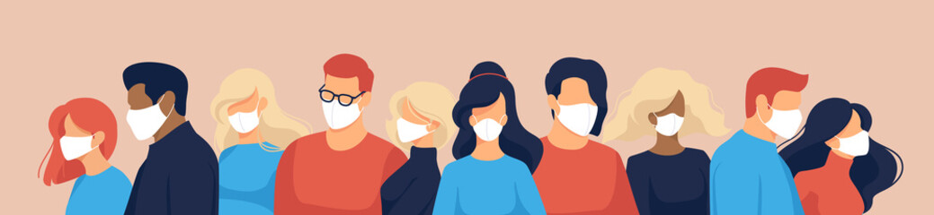 Fototapeta premium Coronavirus quarantine, covid-19 (2019-nCoV). Group of people in white medical face masks to prevent disease, flu, air pollution, contaminated air, world pollution. Flat vector illustration concept