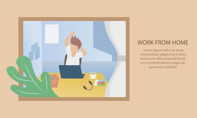 Freelance character use laptop computer work at home, work from home, self employed, home office,There is coffee, headphones, documents and books on the table,Vector illustration design.