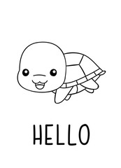 Coloring pages, black and white cute kawaii hand drawn turtle doodles, lettering hello