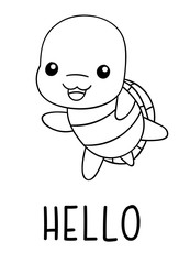 Coloring pages, black and white cute kawaii hand drawn turtle doodles, lettering hello