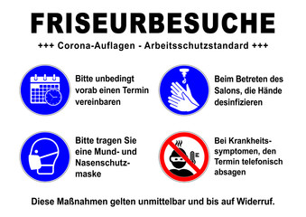 ds157 DiskretionSchild - german text - Friseurbesuche: Corona - Arbeitsschutzstandard - Termin vereinbaren - Maske - Hände desinfizieren - hairdresser. - Druckvorlage - DIN A1 A2 A3 A4 - xxl g9551