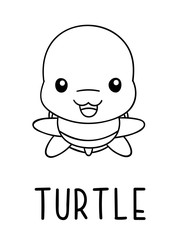 Coloring pages, black and white cute kawaii hand drawn turtle doodles, lettering turtle