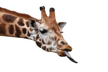 Fototapety  Funny giraffe head with long tongue isolated on white background.