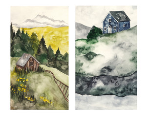 Summer countryside landscapes. Watercolor illustration, country, nature