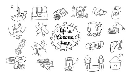 hand draw line art icon set .strategy for life saving and stop virus transmission,  Life in the time of Corona concept vector. social distancing  and lockdown theme 