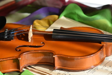 Fototapeta na wymiar violin and bow on the table