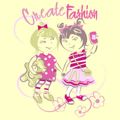 Funny lillte fashion girls vector character illustration. Create fashion collection