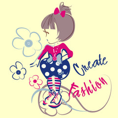 Pretty little fashion girl vector character illustration. Create fashion collection