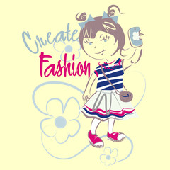 Pretty little fashion girl vector character illustration. Create fashion collection