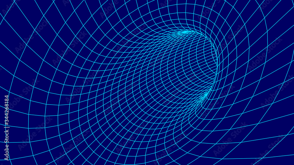 Aufkleber Tunnel or wormhole. Wireframe 3D surface tunnel grid.