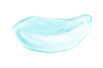 Beautiful blue transparent smear of hyaluronic acid on a white background isolated. Antibacterial gel. Face serum is smudged. Products for makeup and skin care. Organic cosmetics. Cosmetology. Closeup