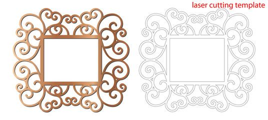 Laser cut photo frame with ornamental swirl for decoration design. Laser cut wood or metal lace frame. Ornamental pattern cutout photoframe, template for cutting. Vector illustration.