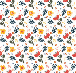 Retro floral doodle pattern. Flowers Background, endless repeating texture. Vector illustration