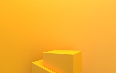 yellow studio background; cubic pedestal; abstract geometric shape group set, 3d rendering, scene with geometrical forms, minimal mockup