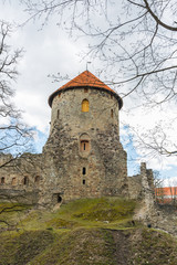 Obraz premium City Cesis, Latvia Republic. 13th century castle with park in spring.