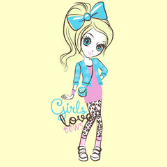 Beautiful young model girl vector character illustration. Girls love collection