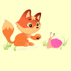 Cute little fox and snail vector character illustration