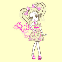 Beautiful fashion girl vector character illustration. Gils love collection
