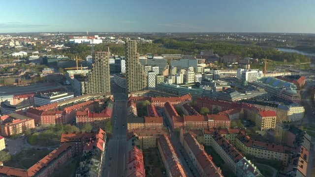 Kungsholmen & Karolinska hospital in Solna, Sweden. Sunny day aerial view