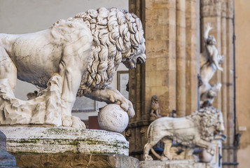 Vacca's lion (Medici lion). Marble sculpture displayed at the Loggia dei Lanzi, Piazza della Signoria, Florence, Tuscany, Italy.