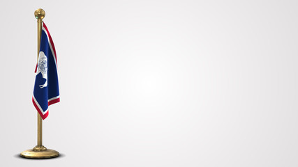 Wyoming realistic 3D flag illustration on golden flagpole.