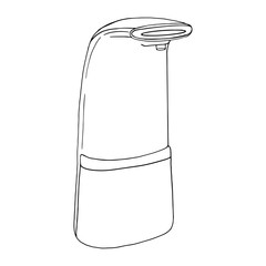 Modern automatic liquid soap dispenser close up. Home hygiene product prevention protection from viruses, bacteria. Vector template isolated flat doodle realistic black outline white background icon.