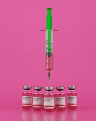 3d concept of green syringe and bottles with vaccine on pink background. Coronavirus vaccine injection. 3D Illustration.