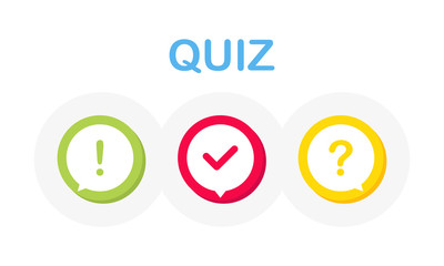 Quiz logo with 3D speech bubble symbols, concept of questionnaire show sing, quiz button, question competition on white background. Vector.