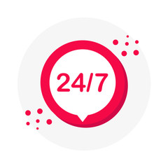 24/7 service sign of 3D style on white background. Red icon. Vector.